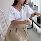 Damen Puffärmel V-Ausschnitt Top