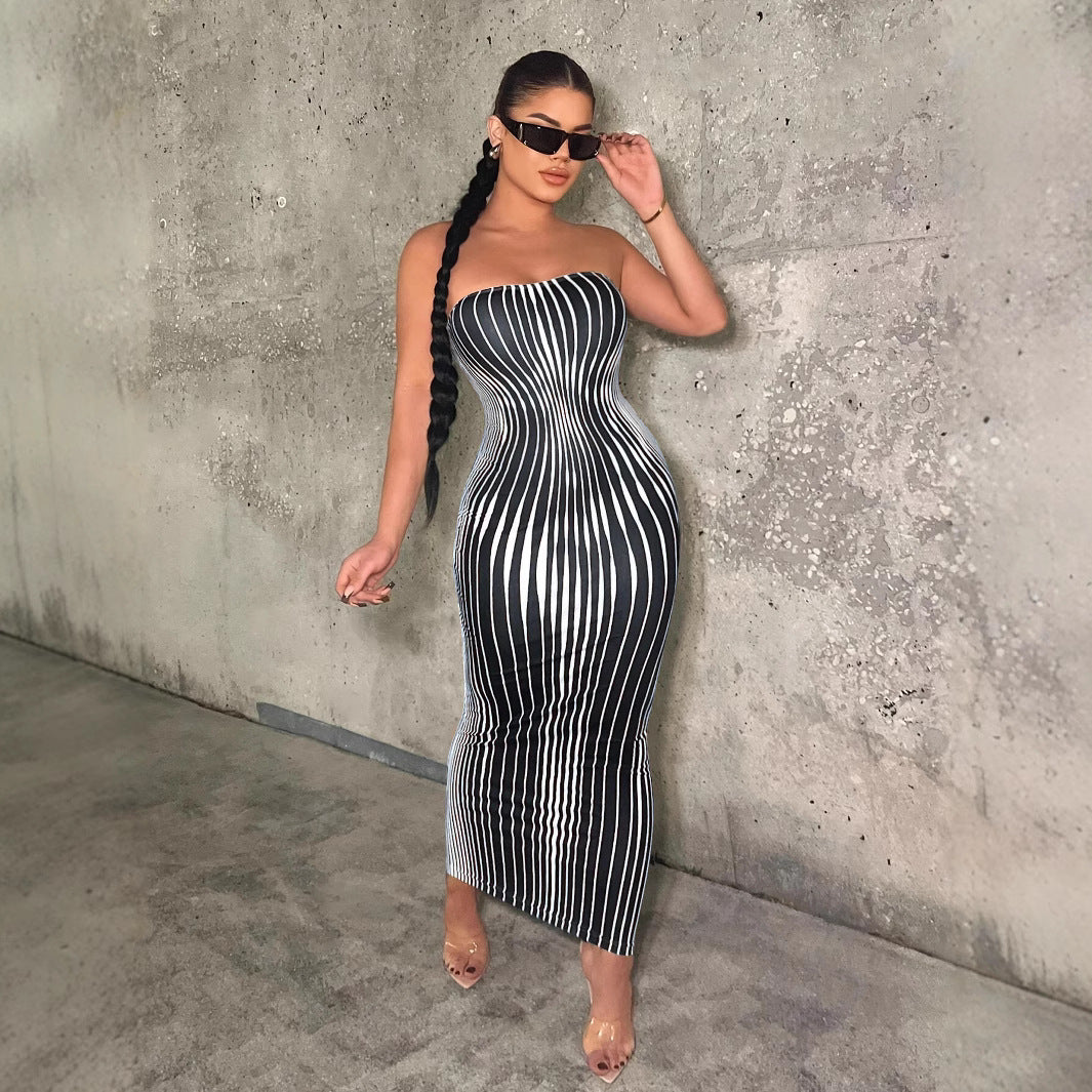 Damen Maxikleid mit raffiniertem Streifenmuster R&B