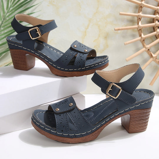 Damen elegante Sandalen mit verzierten Riemchen und Blockabsatz R&B