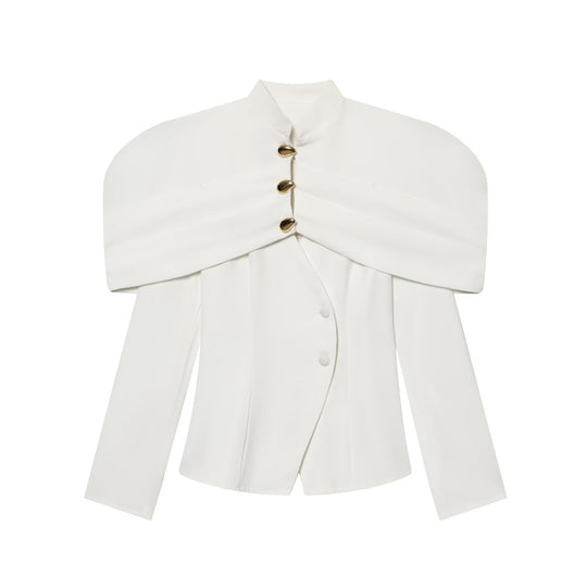 Damen elegante Blazerjacke mit übergroßen Schulterklappen und goldenen Knopfdetails R&B