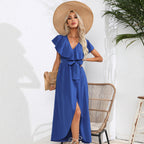 Damen Maxikleid mit elegantem Rüschensaum und schickem Taillengürtel R&B