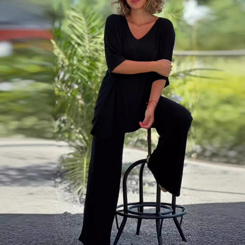 Damen nan zweiteiliges Reise- und Loungewear-Set aus weichem Rippjersey mit Longline-Tunika und Palazzohose R&B
