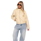 Damen Kunstleder Jacke mit elastischem Bund und hohem Stehkragen R&B