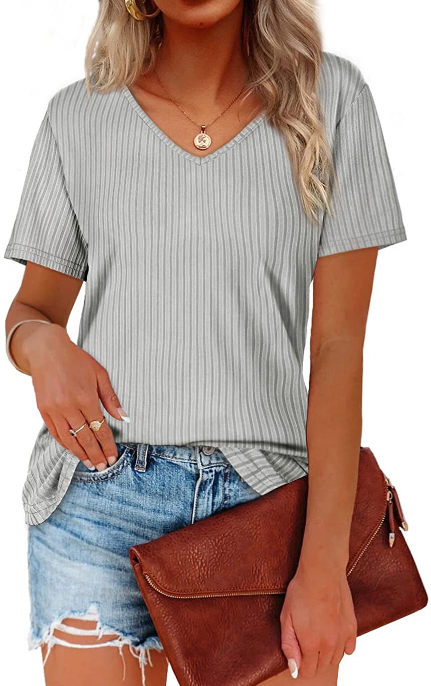 Damen Viskose T-Shirt mit feinem Rippstrickmuster und lässigem V-Ausschnitt R&B