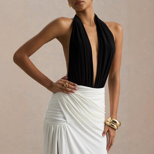 Damen Elegantes Maxikleid mit tiefem V-Ausschnitt und gerafftem Rock R&B