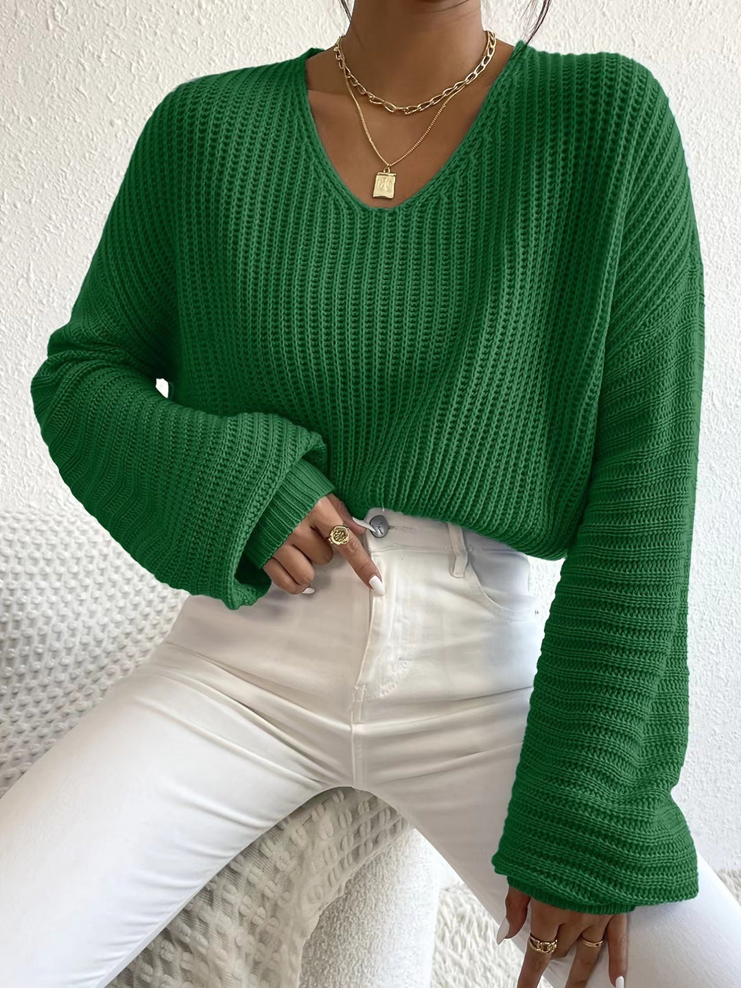 Damen V-Ausschnitt Strickpullover mit weiten Ärmeln R&B