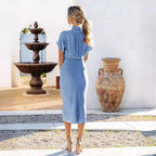 Damen Denim Hemdkleid mit Wickelgürtel und überschnittenen Ärmeln R&B