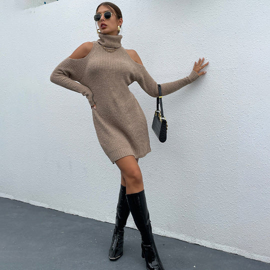 Damen Strickkleid mit Rollkragen und offenen Schultern R&B