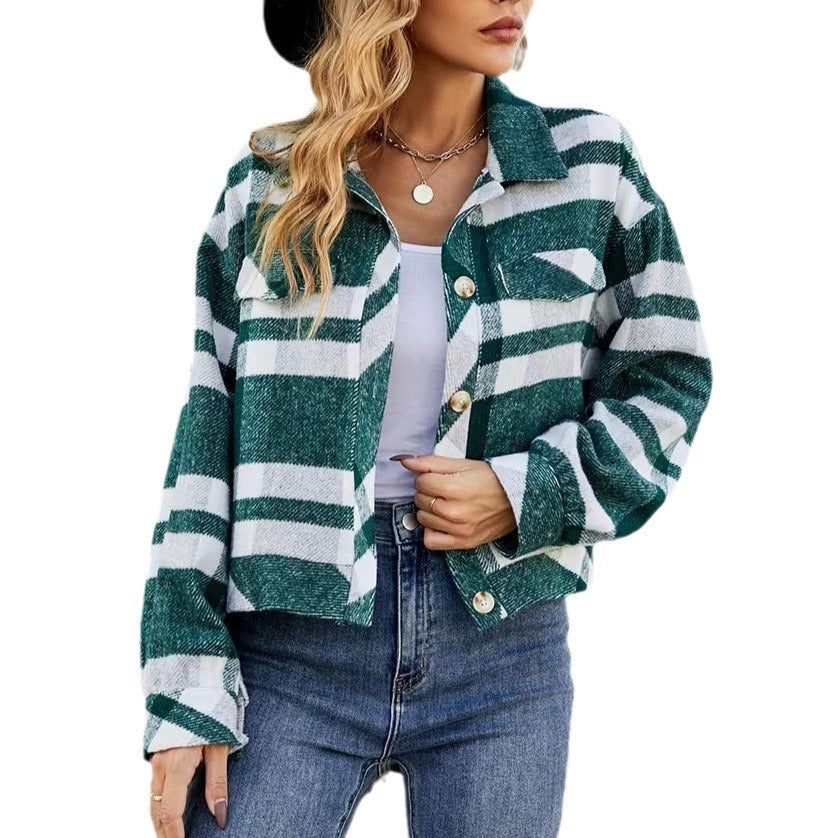 Damen Karierte Utility-Jacke mit voluminösen Ärmeln und Knopfleiste R&B
