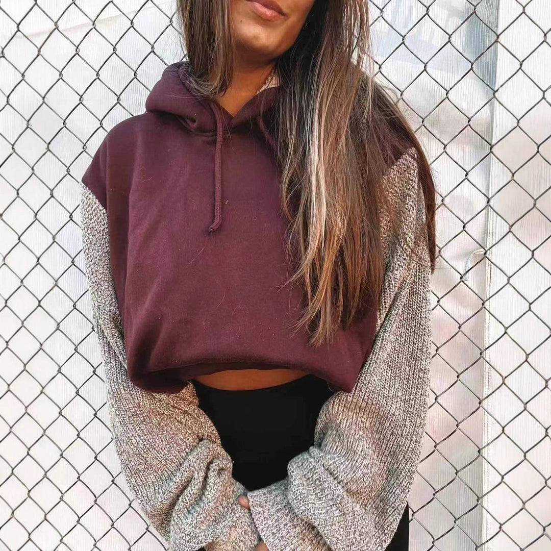 Damen nan Kapuzen-Cropped-Pullover mit weitgeschnittenen Strickärmeln und Kordelzug R&B