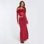 Damen elegantes Off-Shoulder-Maxikleid mit asymmetrischem Schnitt und transparenter Spitze R&B