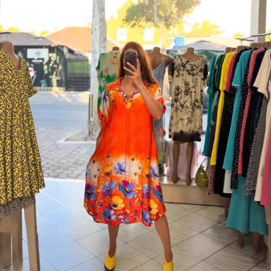 Damen nan leichtes Hemdblusenkleid mit floralem Bordürenprint, offenem V‑Ausschnitt und Einschubtaschen R&B