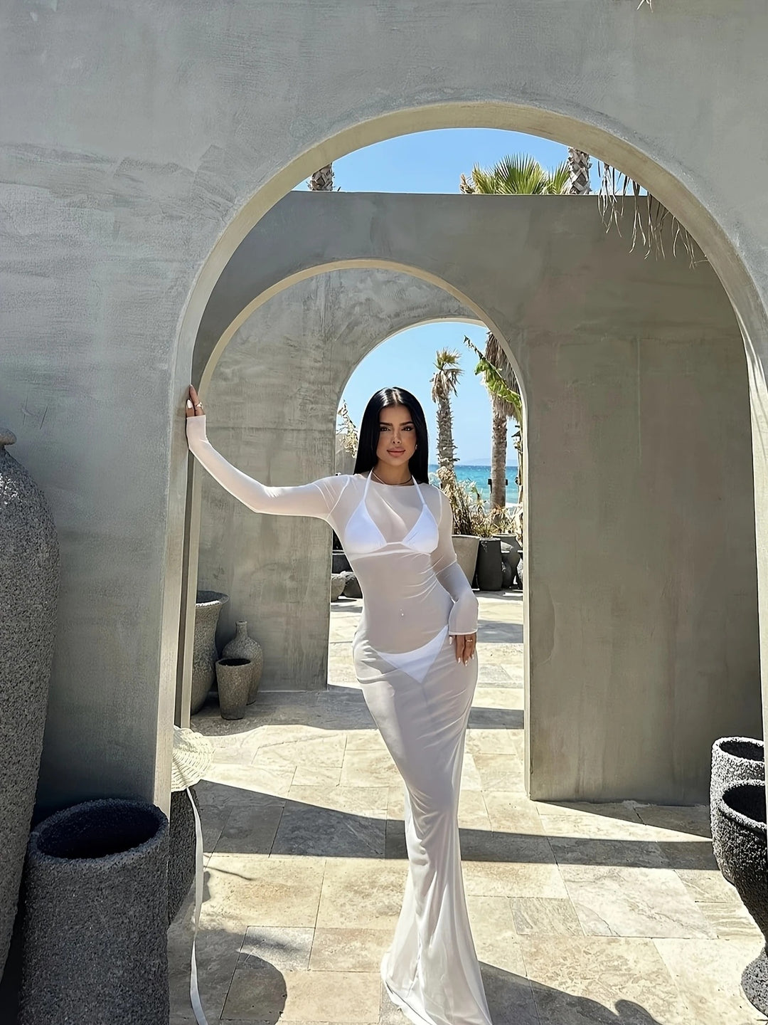 Damen Transparente Strandrobe mit langen Ärmeln und schickem Schnitt R&B