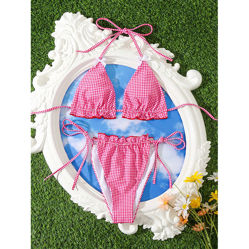 Damen Triangel-Bikini mit verspieltem Karomuster und seitlichen BindR&Bändern R&B