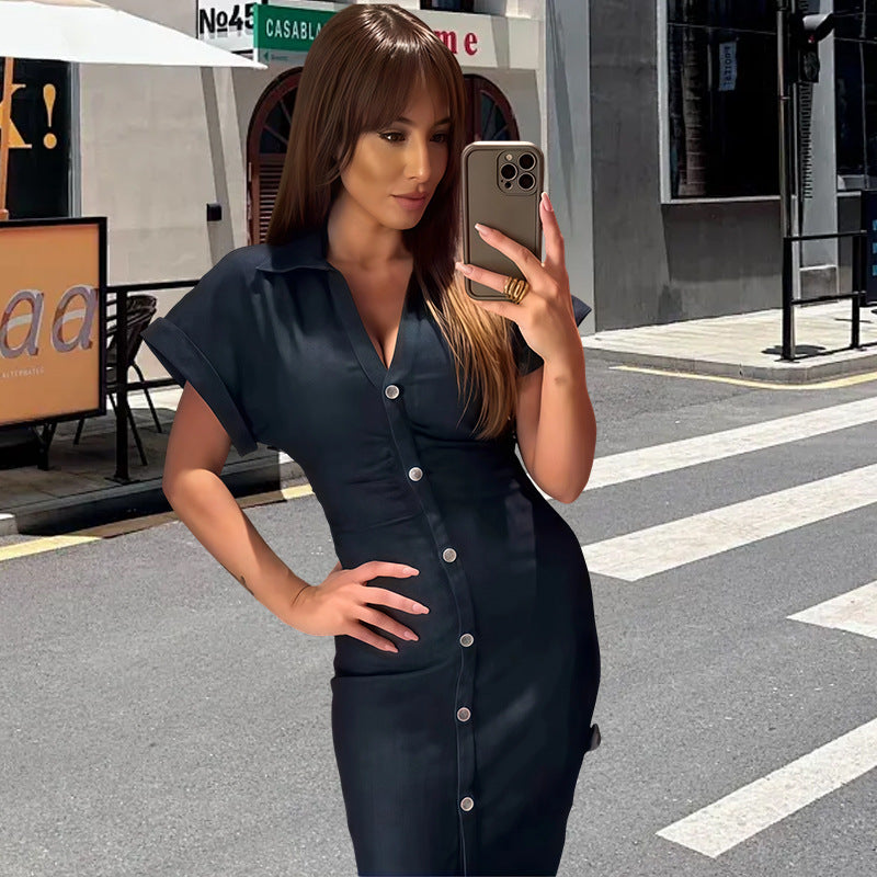 Damen Langarm Kleid mit Knopfverschluss und klassischem Hemdkragen R&B