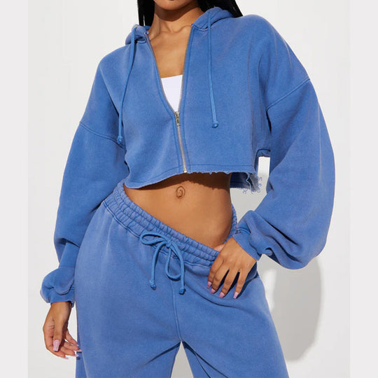 Damen lässiges Fleece-Set mit kurzem Hoodie und weiten Hosen R&B