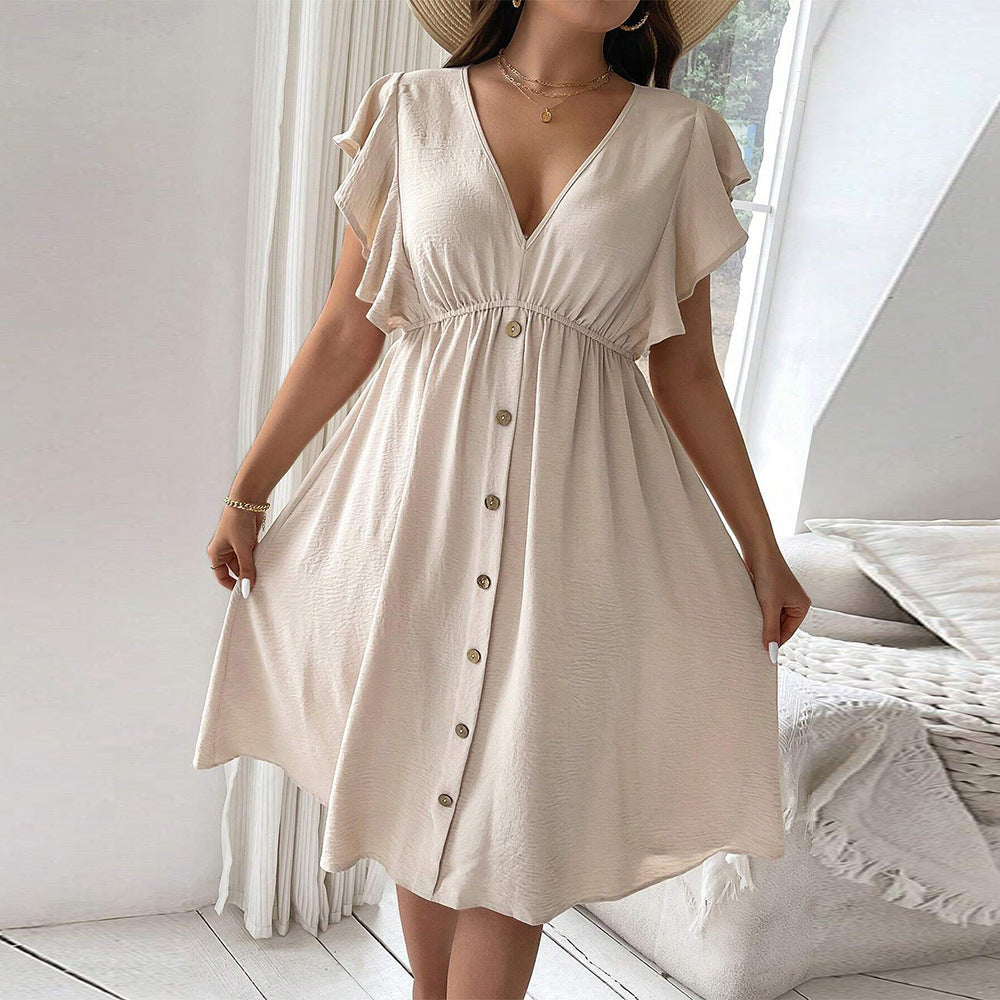 Damen lässiges Knopfkleid mit V-Ausschnitt und Rüschendetails R&B