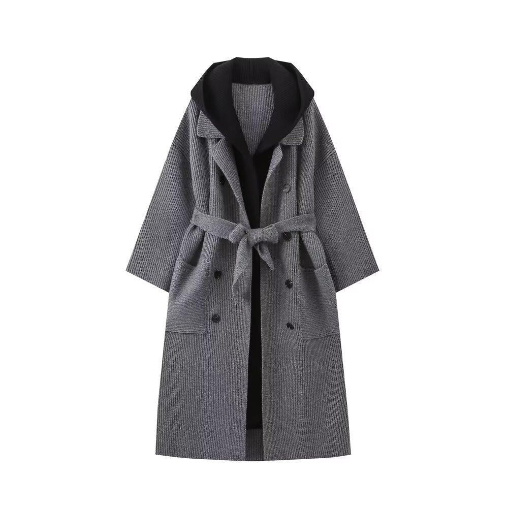 Damen lässiger Longcardigan mit bindbarem Taillengürtel und zweilagigem Kragen R&B