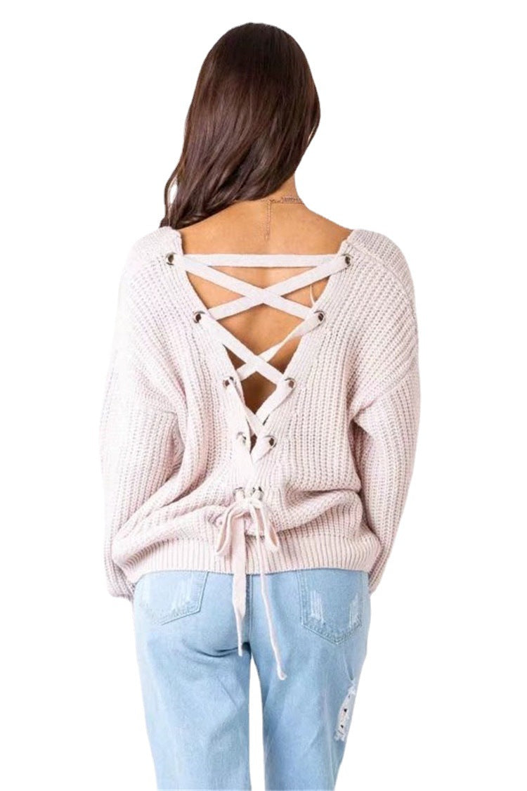 Damen Strickpullover mit verziertem V-Ausschnitt und Kordelzug R&B