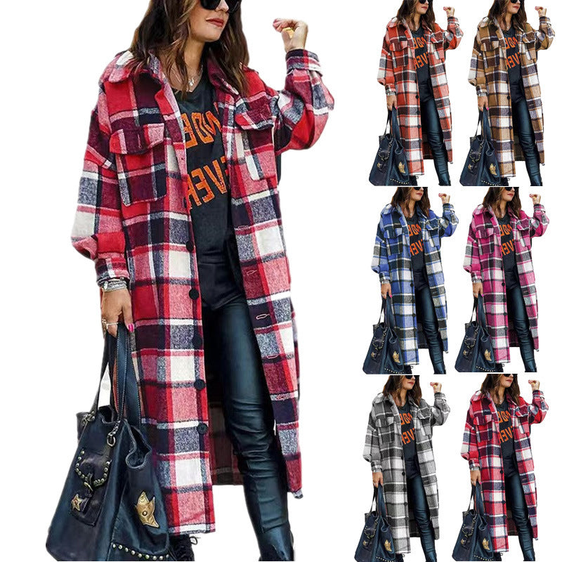 Damen Langarm-Wolljacke mit Karomuster und praktischen Taschen R&B
