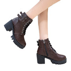 Damen Schnürstiefeletten mit modischen Schnallen und robustem Blockabsatz R&B