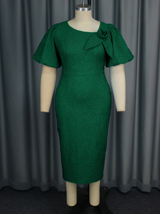 Damen elegantes Etuikleid mit fließenden Puffärmeln und Blumenapplikation R&B