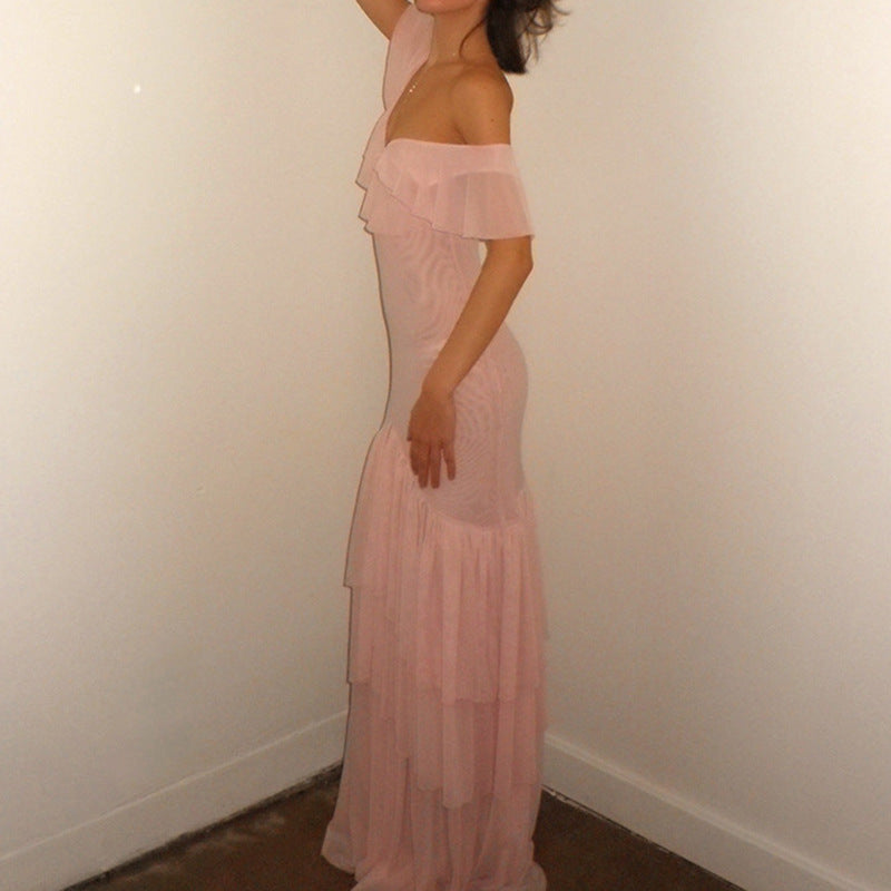 Damen Maxi-Kleid mit voluminösen Rüschendetails und figurformendem Schnitt R&B