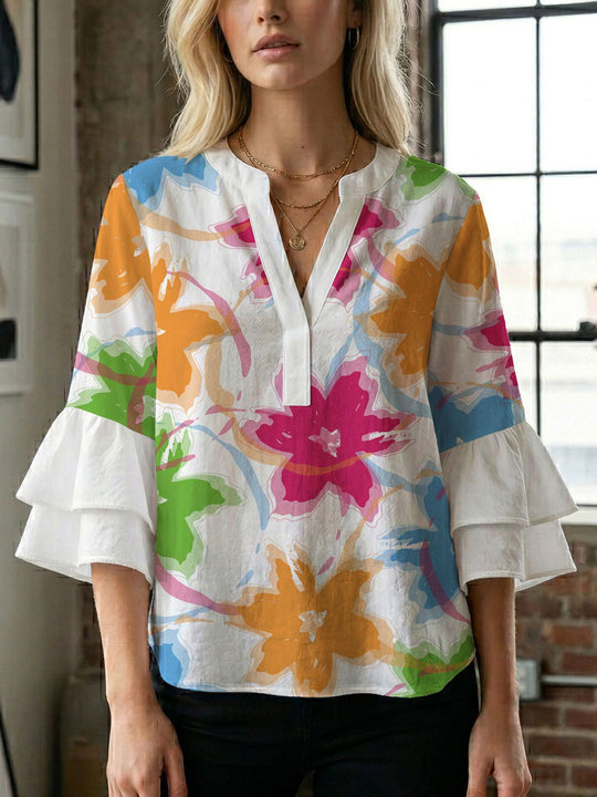 Damen Blusenshirt mit voluminösen Ärmeln und kreativem Druckdesign R&B