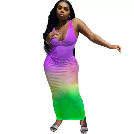 Damen Maxikleid mit tiefem Ausschnitt und Farbverlauf R&B