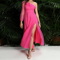 Damen Elegantes Maxikleid mit asymmetrischem Ausschnitt und fransierten Details R&B