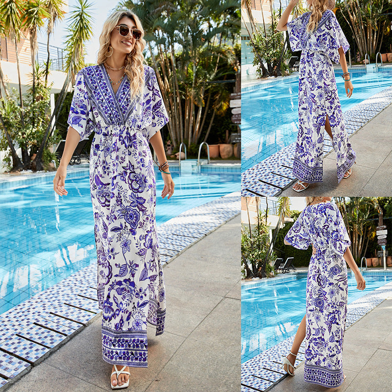 Damen Maxi-Kleid mit floralem Design und seitlichem Schlitz R&B