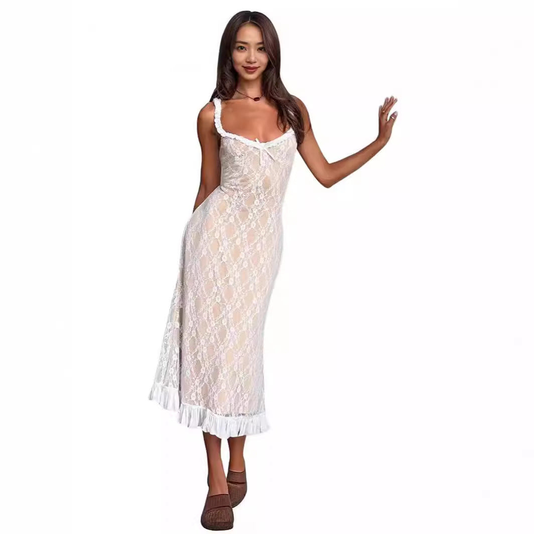 Damen Spitzen-Nachtkleid mit Rüschen und dekorativen Trägern R&B