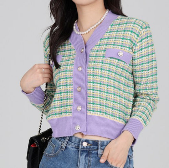 Damen modischer Strickcardigan mit farbenfrohem Muster und Knopfleiste R&B