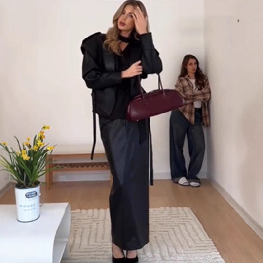 Damen elegante Kunstlederjacke mit voluminösen Ärmeln R&B