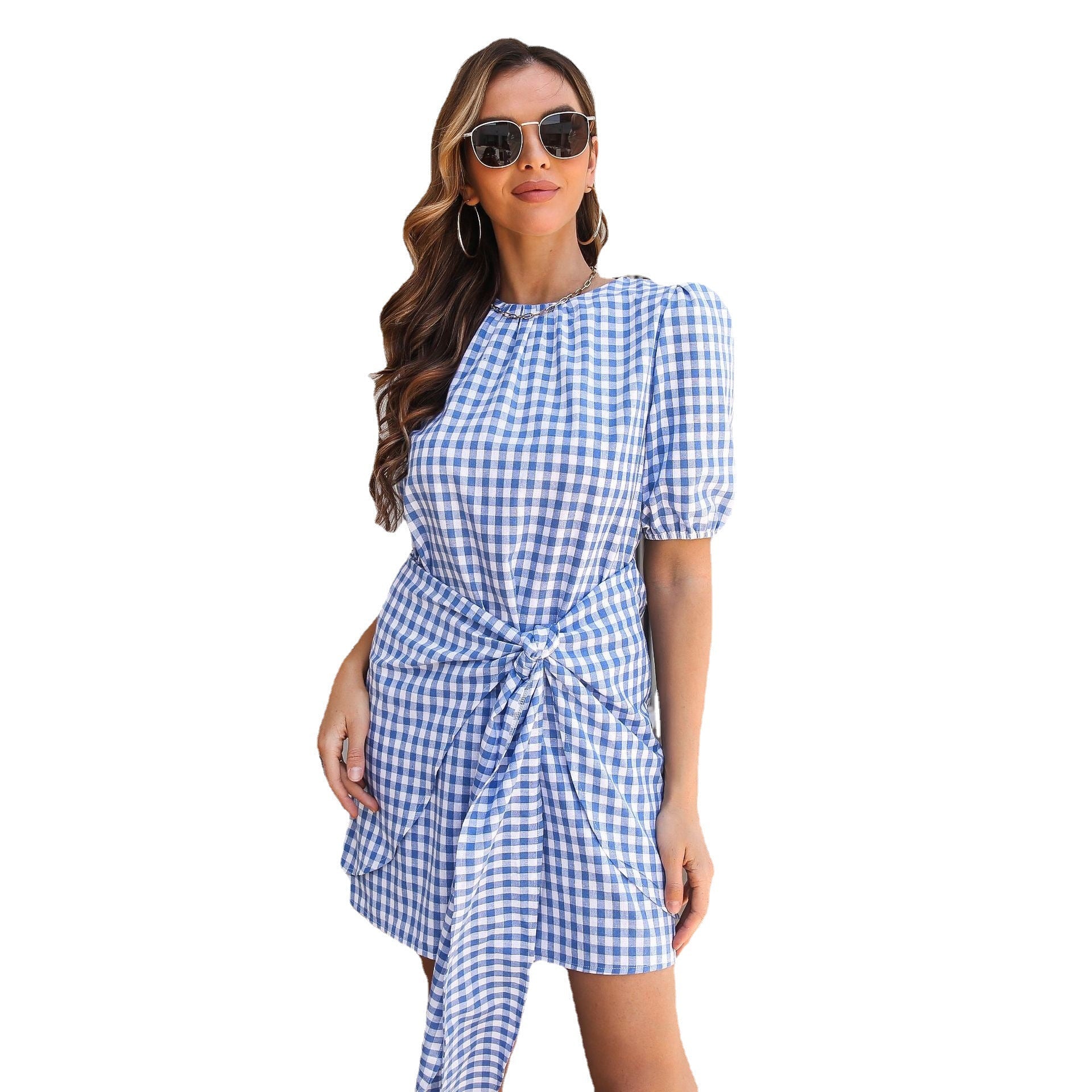 Damen Karierte Kurzarmkleid mit Gürtel von R&B