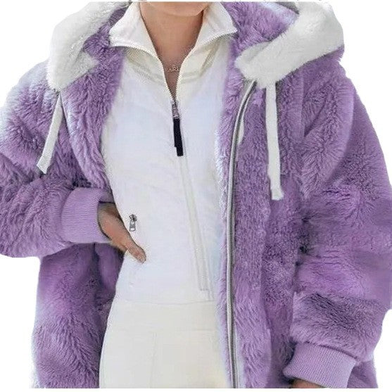 Damen Kuschelige Kunstpelzjacke mit Kapuze R&B