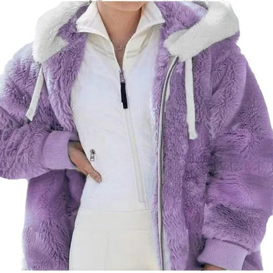 Damen Kuschelige Kunstpelzjacke mit Kapuze R&B