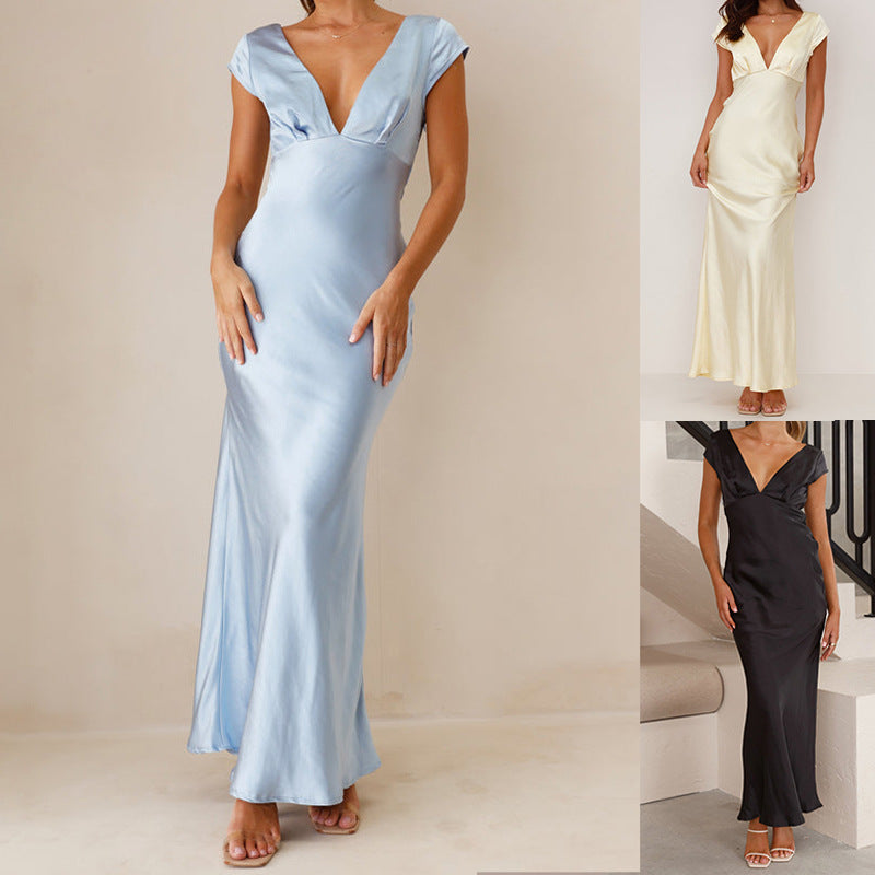 Damen Elegantes Maxikleid mit tiefem V-Ausschnitt und fließendem Satinmaterial R&B