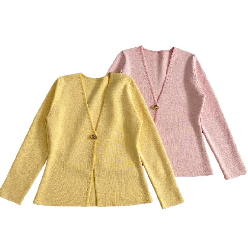 Damen lässiger V-Ausschnitt Cardigan mit dekorativem Knopf R&B