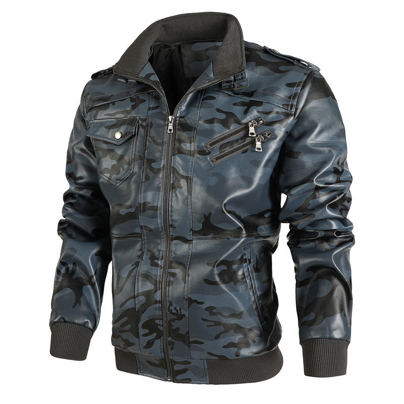 Herren modische Kunstlederjacke im Camouflage-Design mit praktischen Taschen