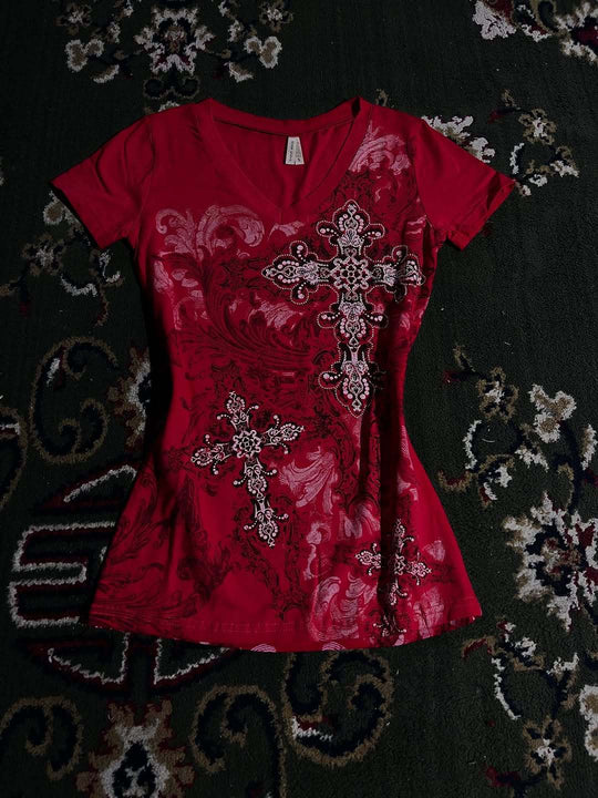 Damen T-Shirt mit dekorativem Kreuzdesign und floralen Akzenten R&B