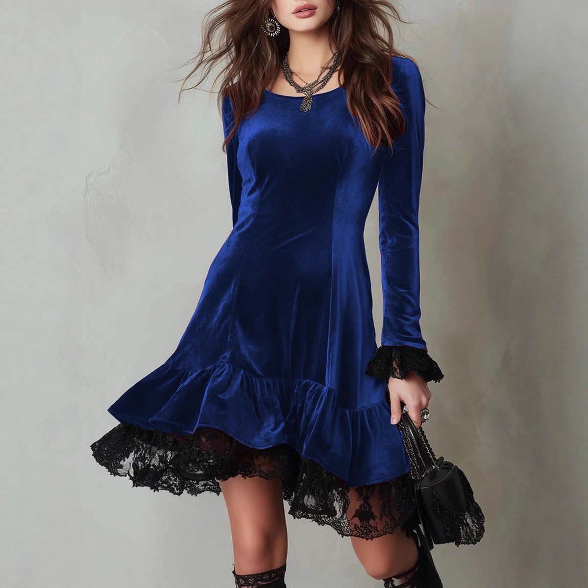 Damen Samt Minikleid mit Spitzenvolant und langen Ärmeln R&B