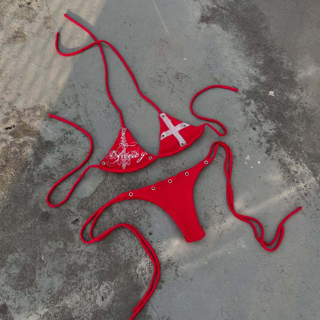 Damen Bunt bedruckter Bikini mit verstellbaren Schnürungen und dekorativen Ösen R&B