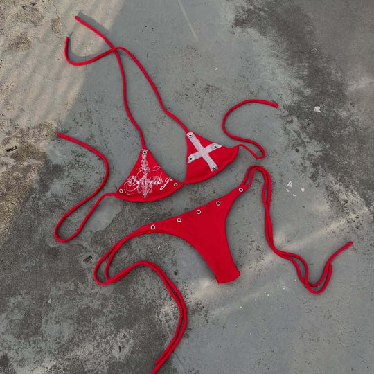 Damen Bunt bedruckter Bikini mit verstellbaren Schnürungen und dekorativen Ösen R&B