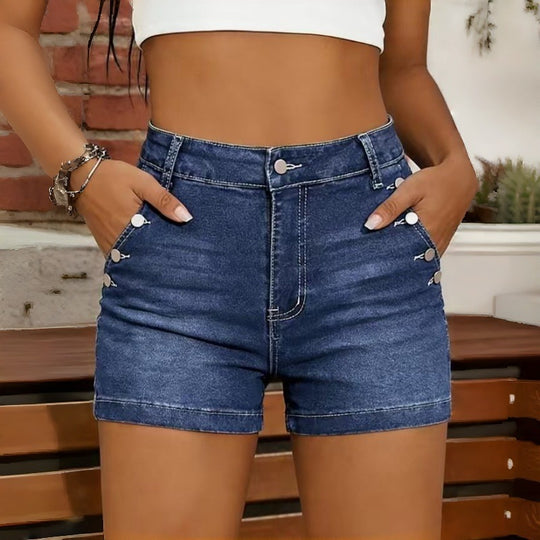 Damen Hochgeschnittene Denim-Shorts mit Knopfdetails R&B
