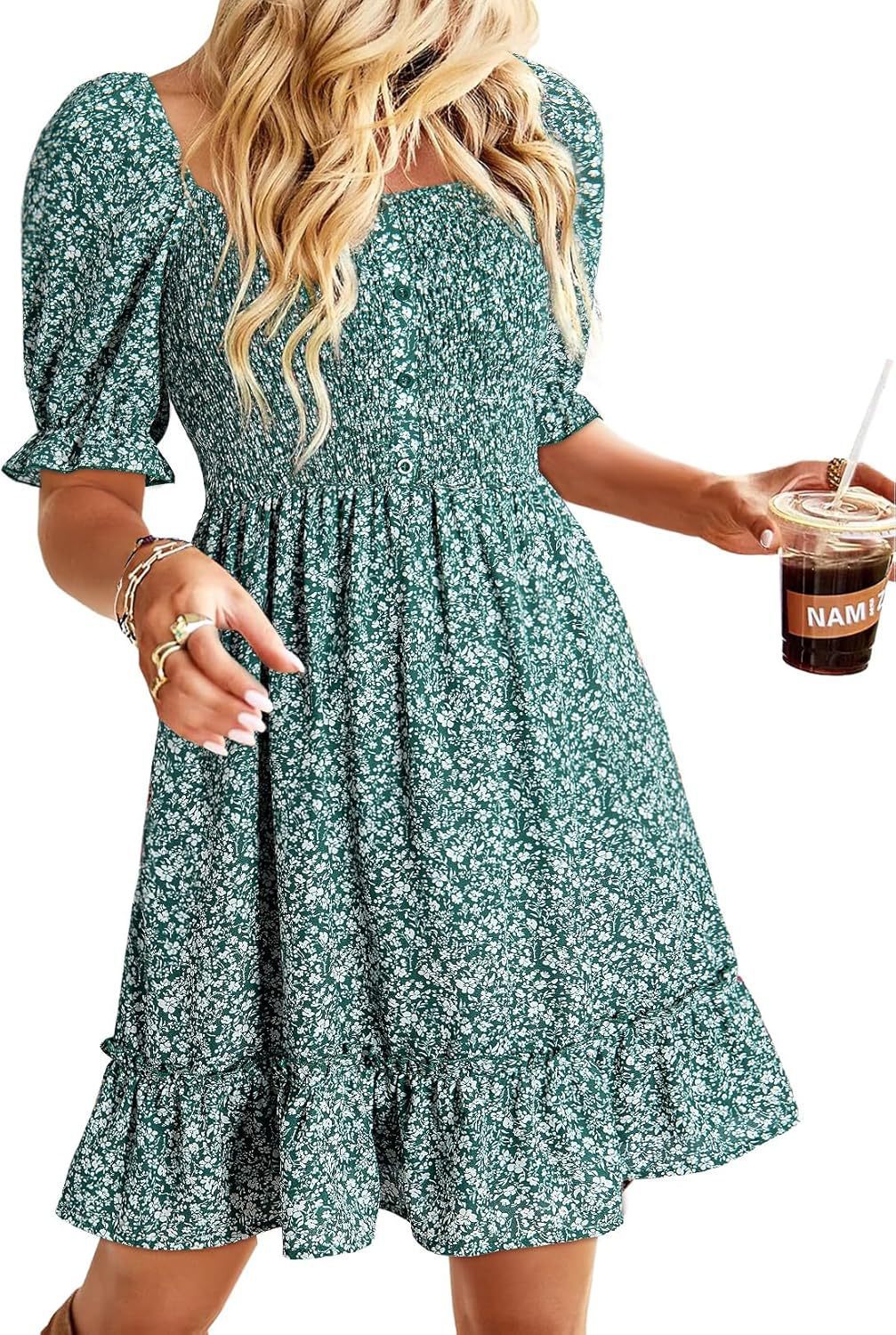 Damen romantisches Sommerkleid mit Puffärmeln und Rüschen R&B