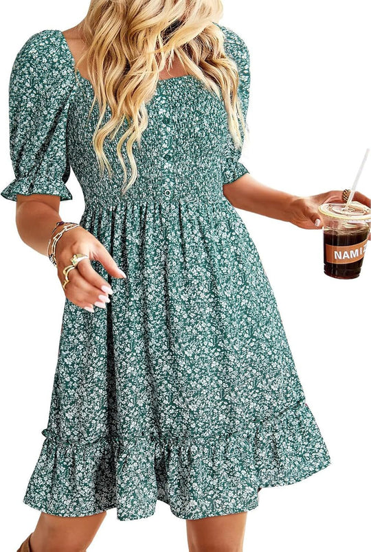 Damen romantisches Sommerkleid mit Puffärmeln und Rüschen R&B