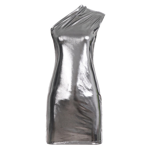 Damen figurbetontes Metallic-Kleid mit asymmetrischem Schnitt R&B