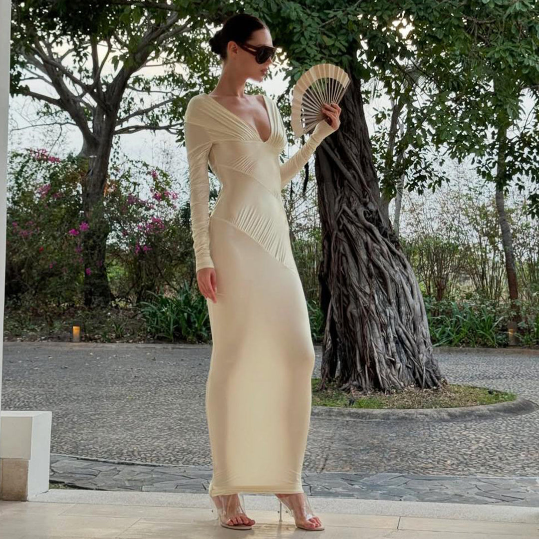 Damen Elegantes Langarm-Maxi-Kleid mit raffinierten Drapierungen R&B