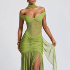Damen Elegantes Maxikleid mit schulterfreiem Design und raffinierten Faltenwurf R&B